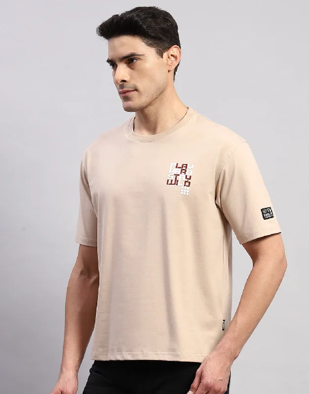 Men Beige Printed Round Neck Half Sleeve T-Shirt