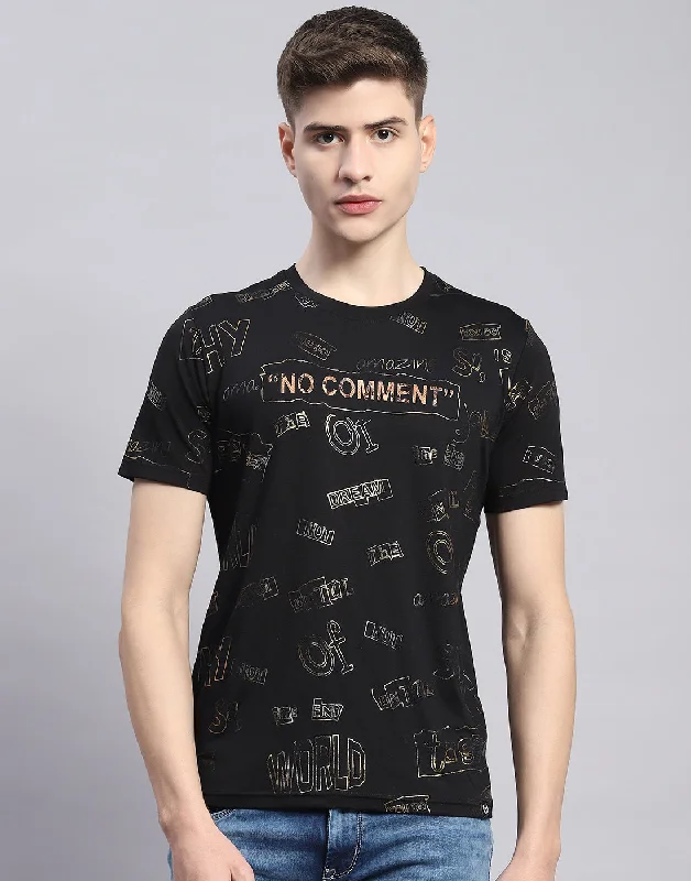 Men Black Printed Round Neck Half Sleeve T-Shirt