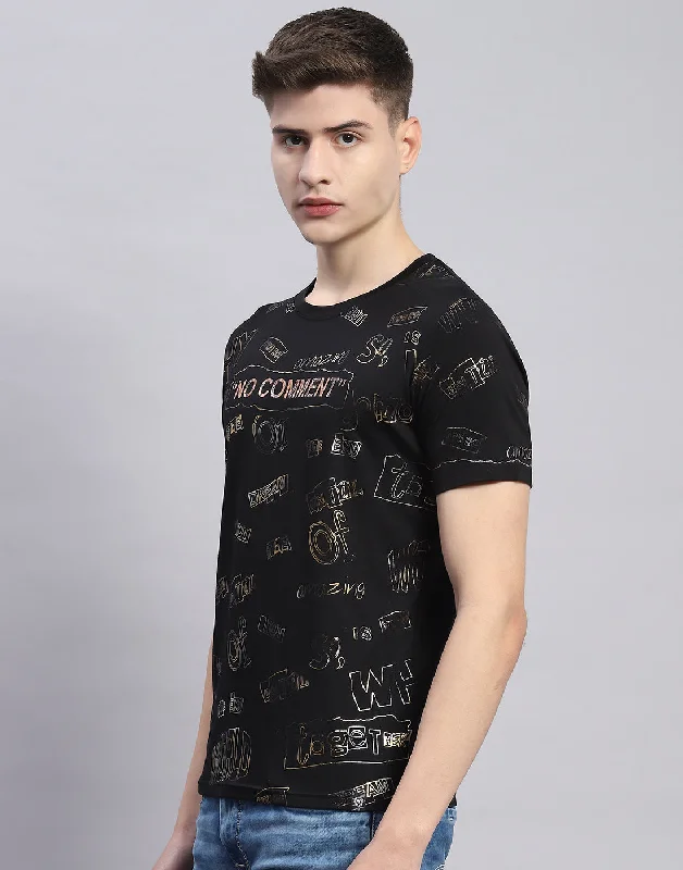 Men Black Printed Round Neck Half Sleeve T-Shirt