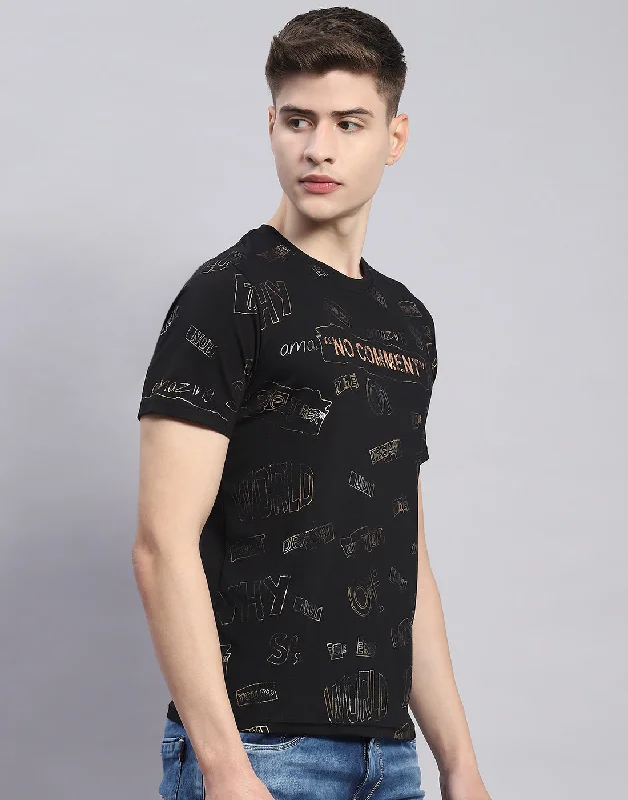 Men Black Printed Round Neck Half Sleeve T-Shirt