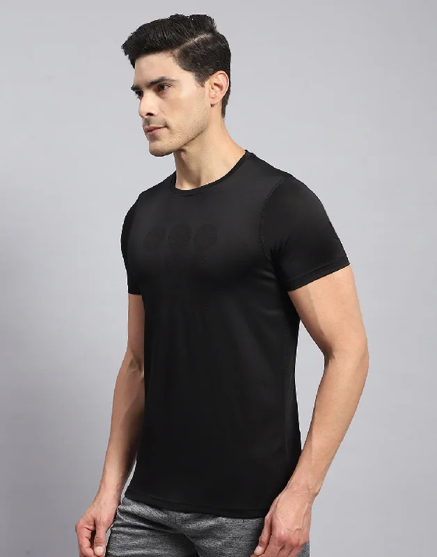 Men Black Self Design Round Neck Half Sleeve T-Shirt