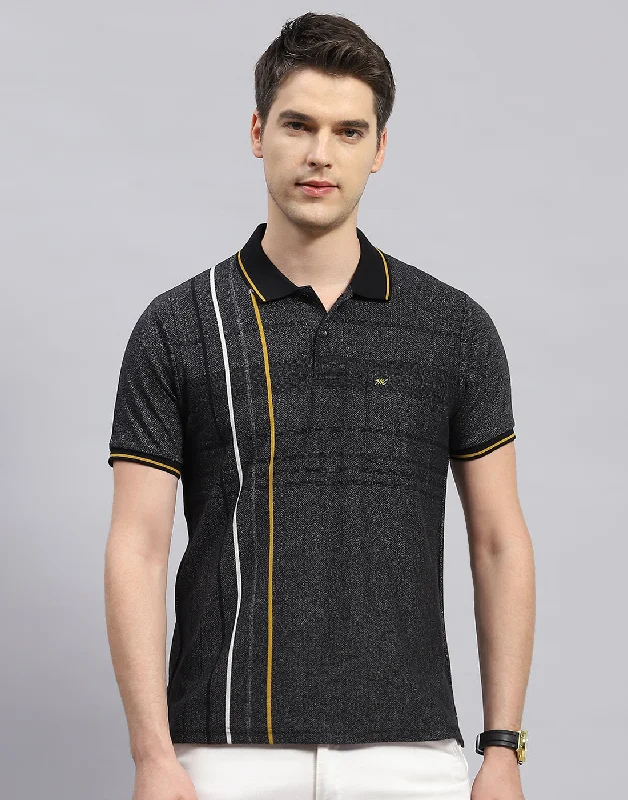 Men Black Stripe Polo Collar Half Sleeve T-Shirt