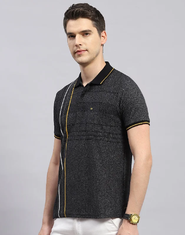 Men Black Stripe Polo Collar Half Sleeve T-Shirt