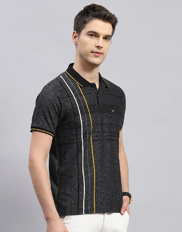 Men Black Stripe Polo Collar Half Sleeve T-Shirt