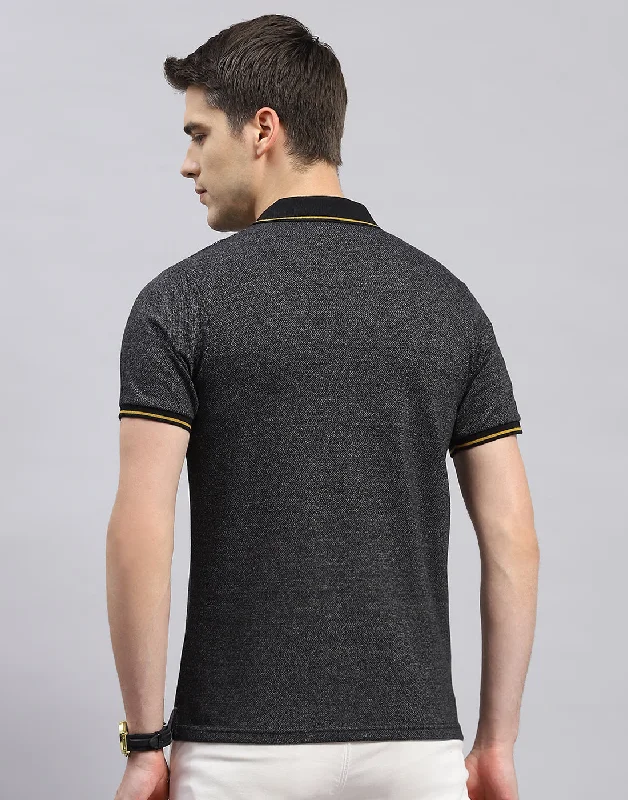 Men Black Stripe Polo Collar Half Sleeve T-Shirt