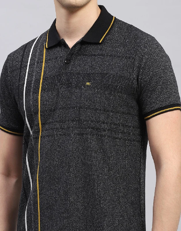 Men Black Stripe Polo Collar Half Sleeve T-Shirt