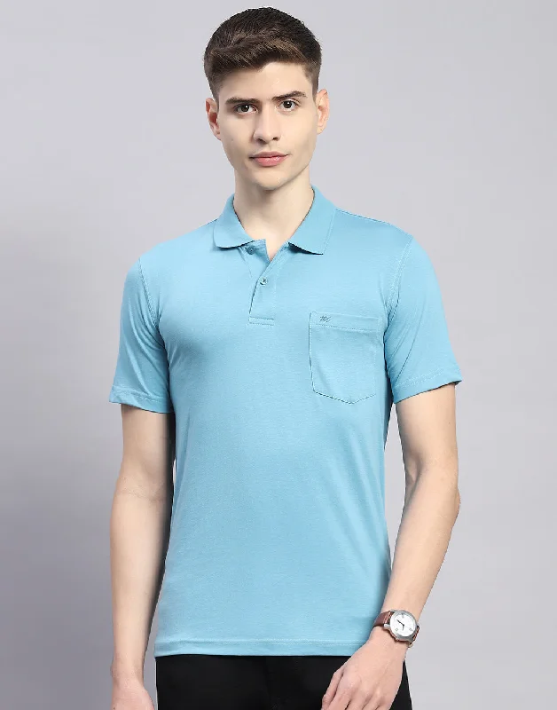 Men Blue Solid Polo Collar Half Sleeve T-Shirt