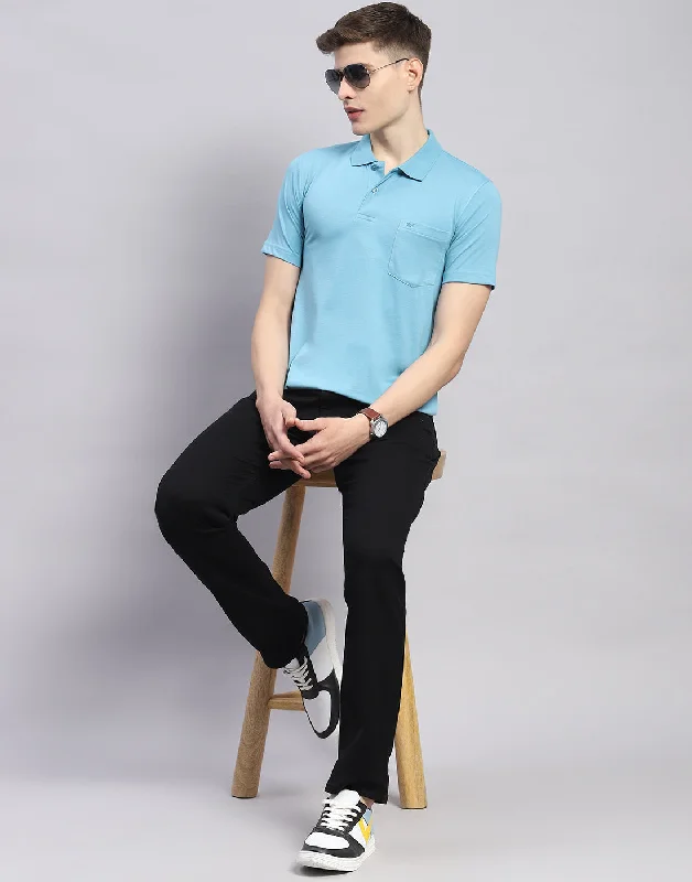 Men Blue Solid Polo Collar Half Sleeve T-Shirt