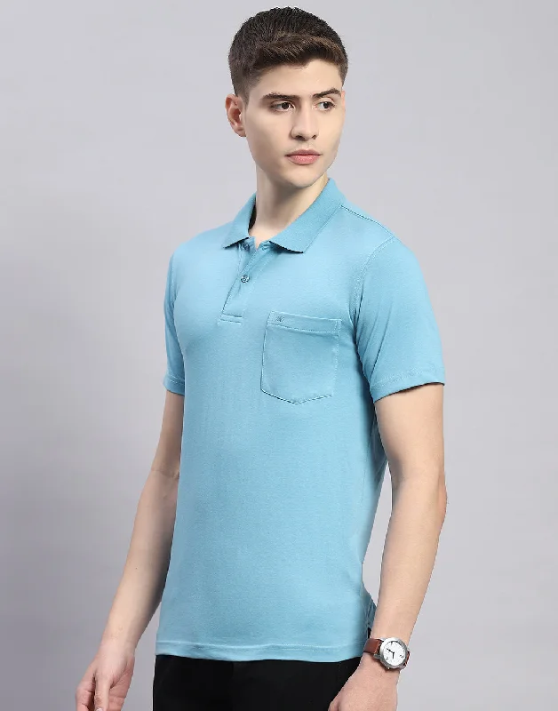 Men Blue Solid Polo Collar Half Sleeve T-Shirt