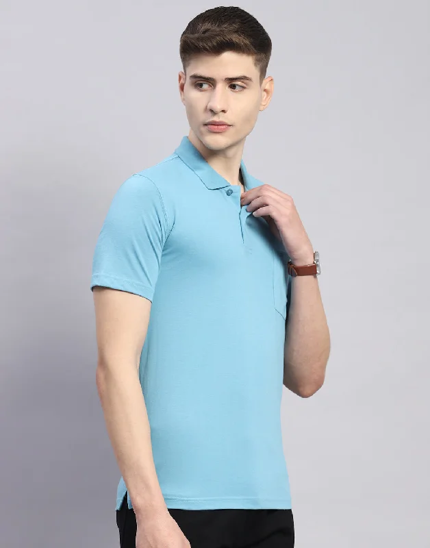 Men Blue Solid Polo Collar Half Sleeve T-Shirt