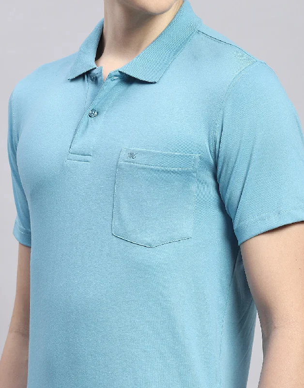 Men Blue Solid Polo Collar Half Sleeve T-Shirt