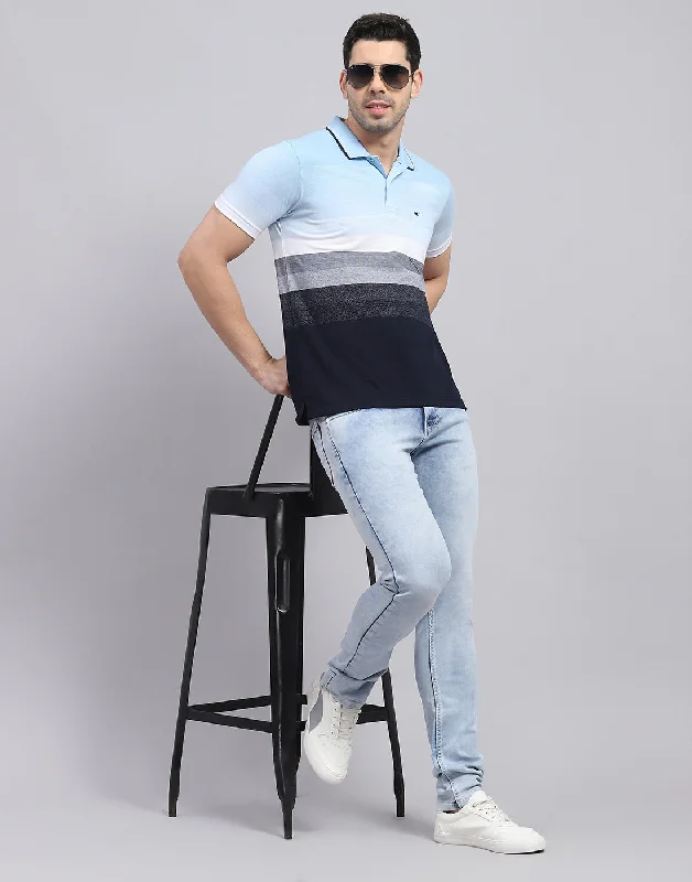 Men Blue Stripe Polo Collar Half Sleeve T-Shirt