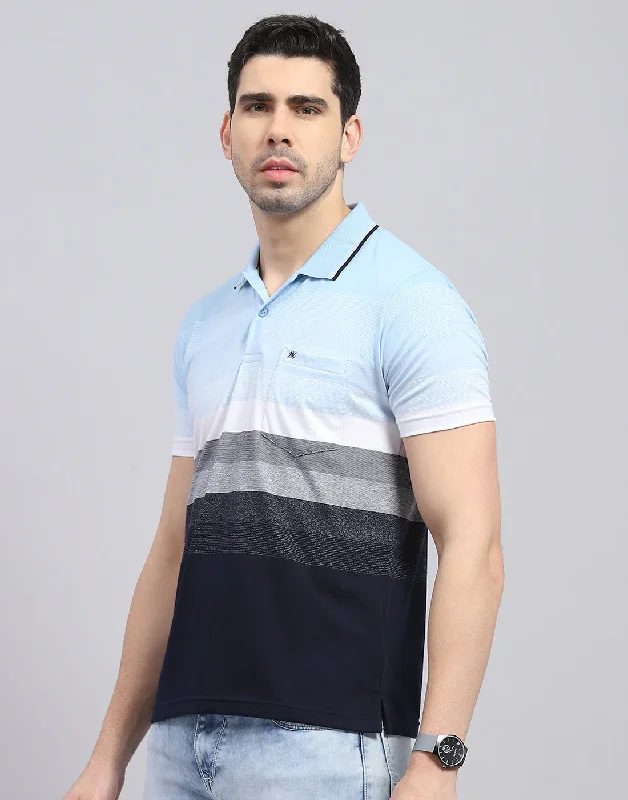 Men Blue Stripe Polo Collar Half Sleeve T-Shirt