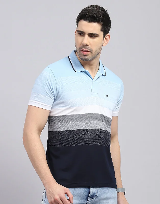 Men Blue Stripe Polo Collar Half Sleeve T-Shirt