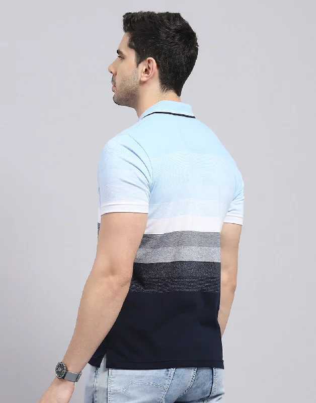 Men Blue Stripe Polo Collar Half Sleeve T-Shirt