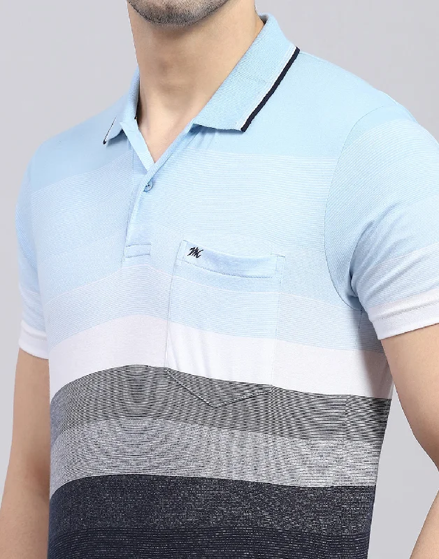 Men Blue Stripe Polo Collar Half Sleeve T-Shirt