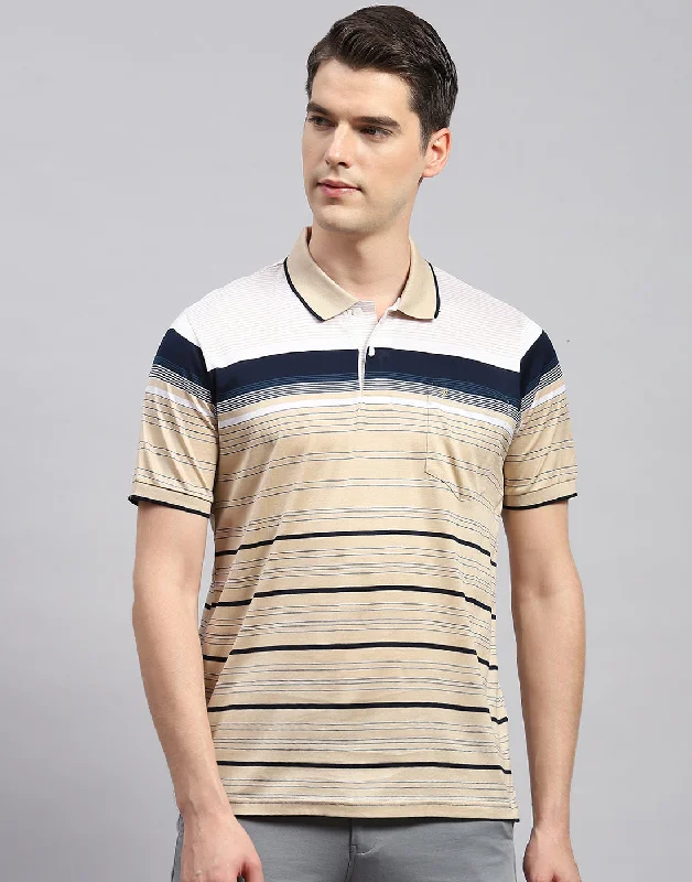 Men Camel Brown Stripe Polo Collar Half Sleeve T-Shirt