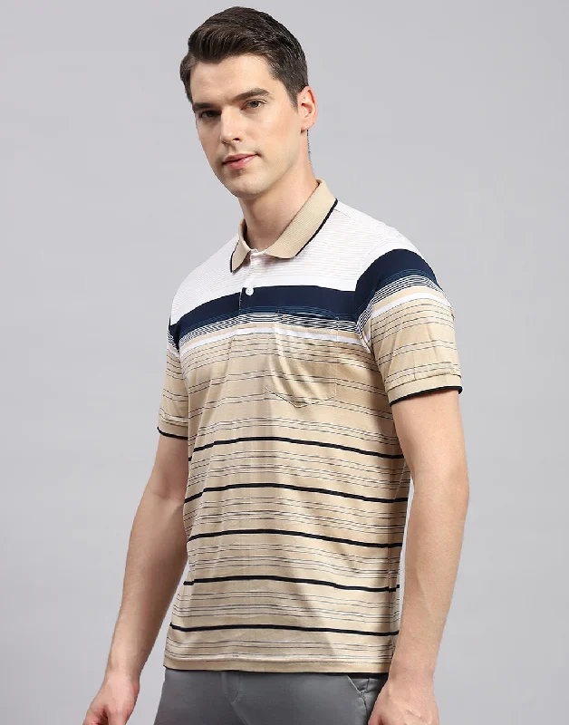 Men Camel Brown Stripe Polo Collar Half Sleeve T-Shirt