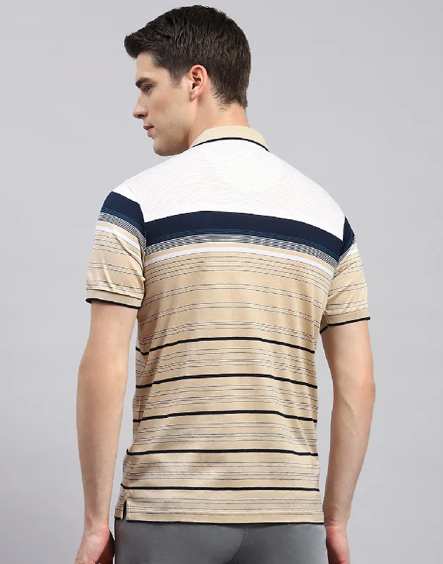 Men Camel Brown Stripe Polo Collar Half Sleeve T-Shirt