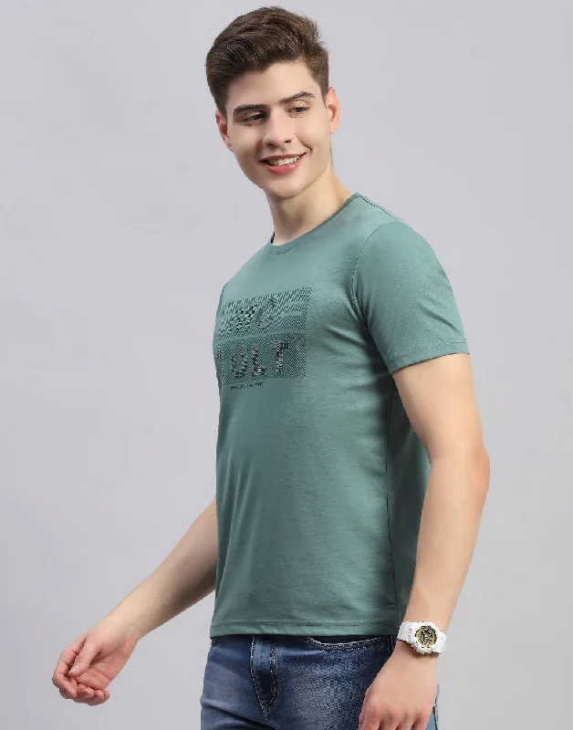 Men Green Printed Round Neck Half Sleeve T-Shirt