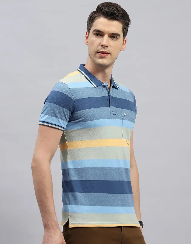 Men Light Blue Stripe Polo Collar Half Sleeve T-Shirt