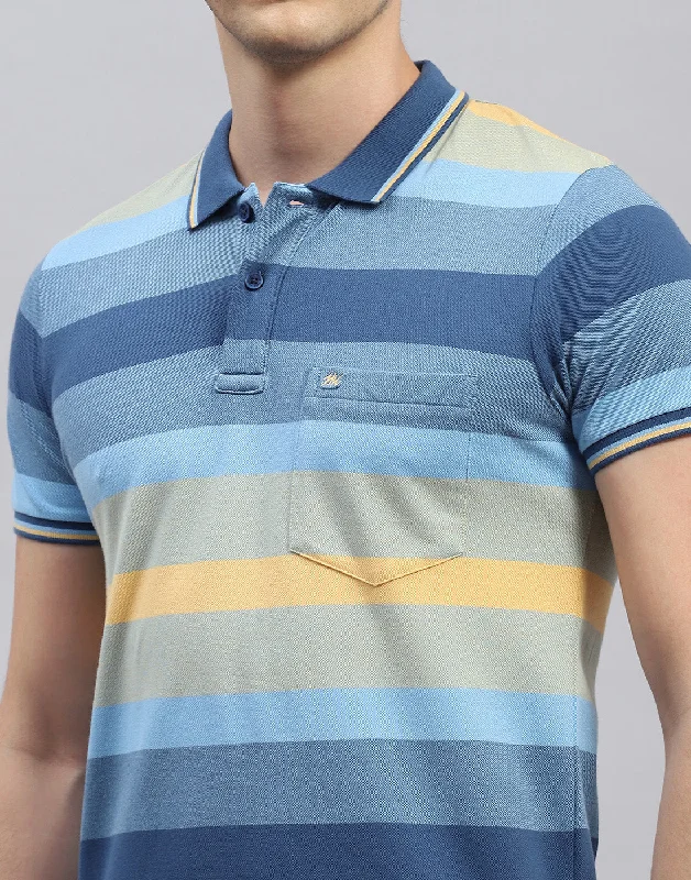 Men Light Blue Stripe Polo Collar Half Sleeve T-Shirt