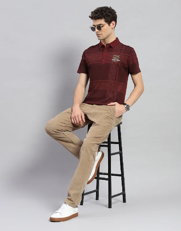 Men Maroon Printed Polo Collar Half Sleeve T-Shirt