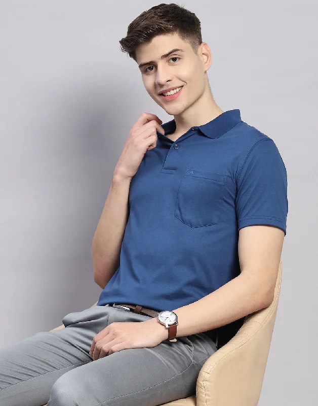 Men Navy Blue Solid Polo Collar Half Sleeve T-Shirt