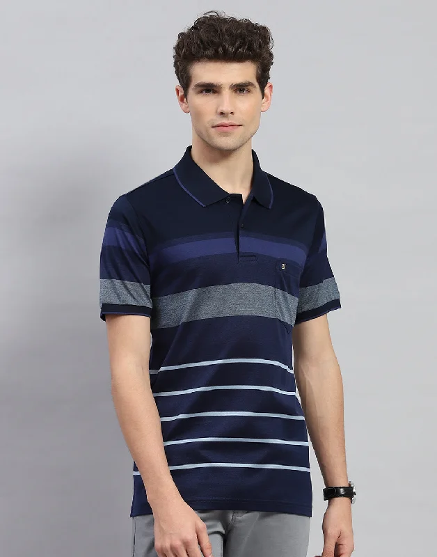 Men Navy Blue Stripe Polo Collar Half Sleeve T-Shirt