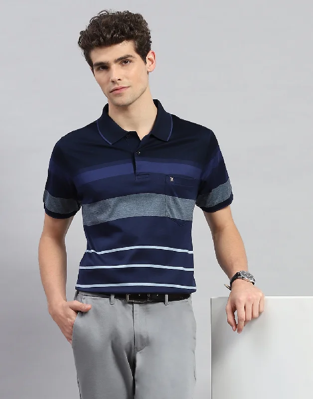 Men Navy Blue Stripe Polo Collar Half Sleeve T-Shirt