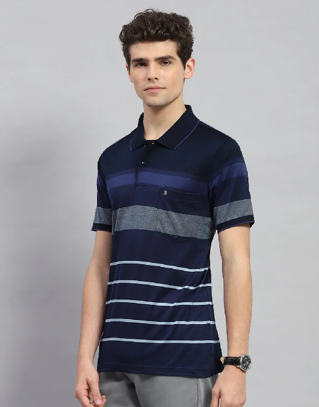 Men Navy Blue Stripe Polo Collar Half Sleeve T-Shirt