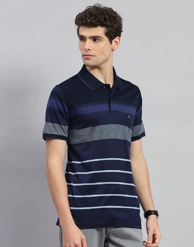 Men Navy Blue Stripe Polo Collar Half Sleeve T-Shirt