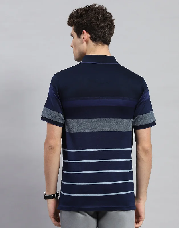 Men Navy Blue Stripe Polo Collar Half Sleeve T-Shirt