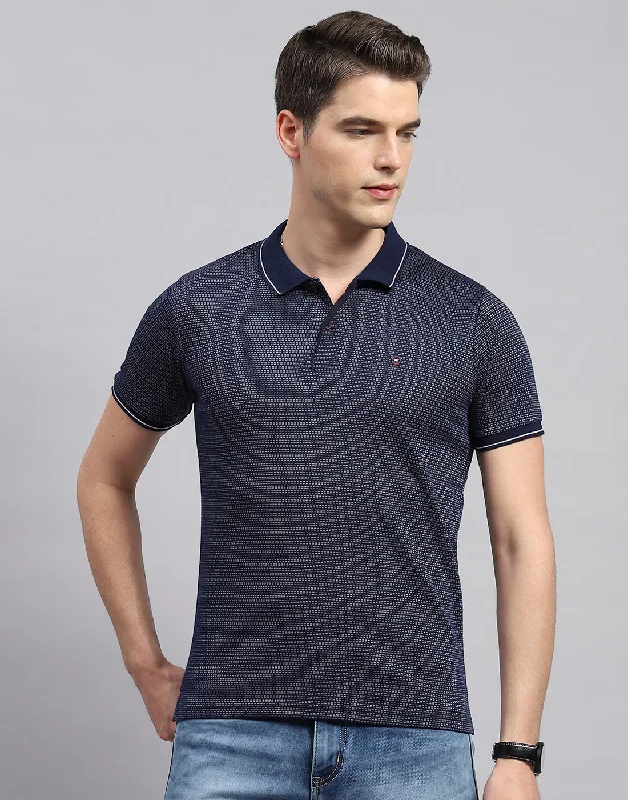 Men Navy Blue Stripe Polo Collar Half Sleeve T-Shirt