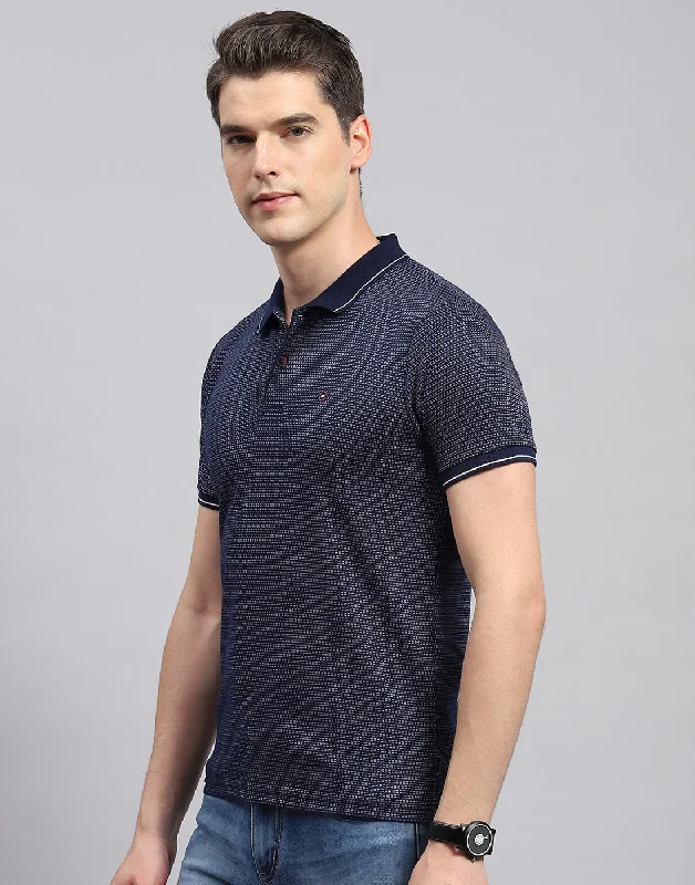 Men Navy Blue Stripe Polo Collar Half Sleeve T-Shirt