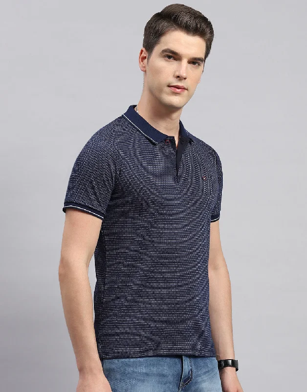 Men Navy Blue Stripe Polo Collar Half Sleeve T-Shirt