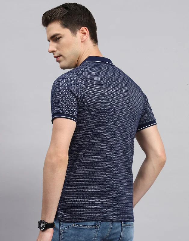 Men Navy Blue Stripe Polo Collar Half Sleeve T-Shirt