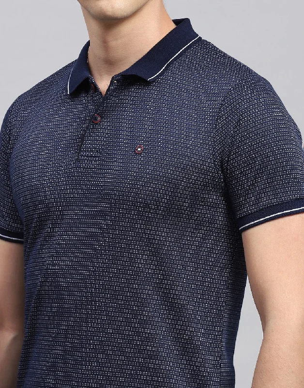 Men Navy Blue Stripe Polo Collar Half Sleeve T-Shirt