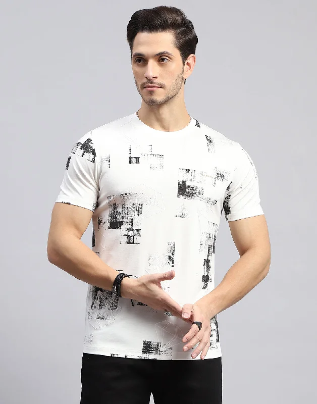 Men Off White Printed Round Neck Half Sleeve T-Shirt