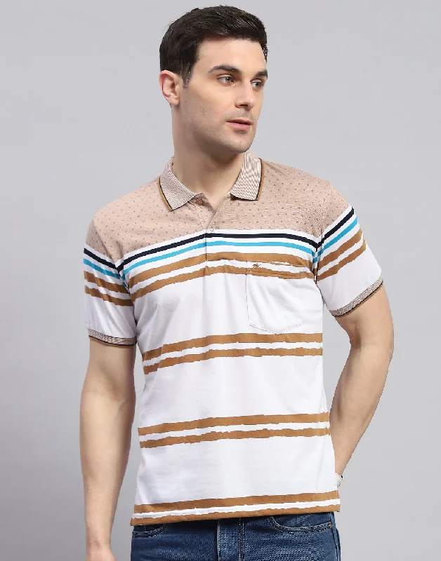 Men Peach Stripe Polo Collar Half Sleeve T-Shirt