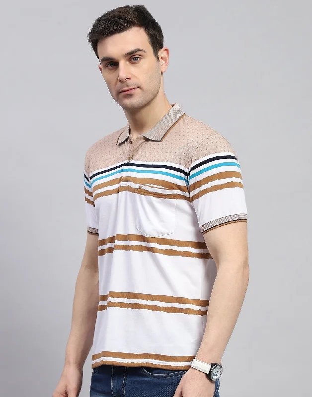 Men Peach Stripe Polo Collar Half Sleeve T-Shirt