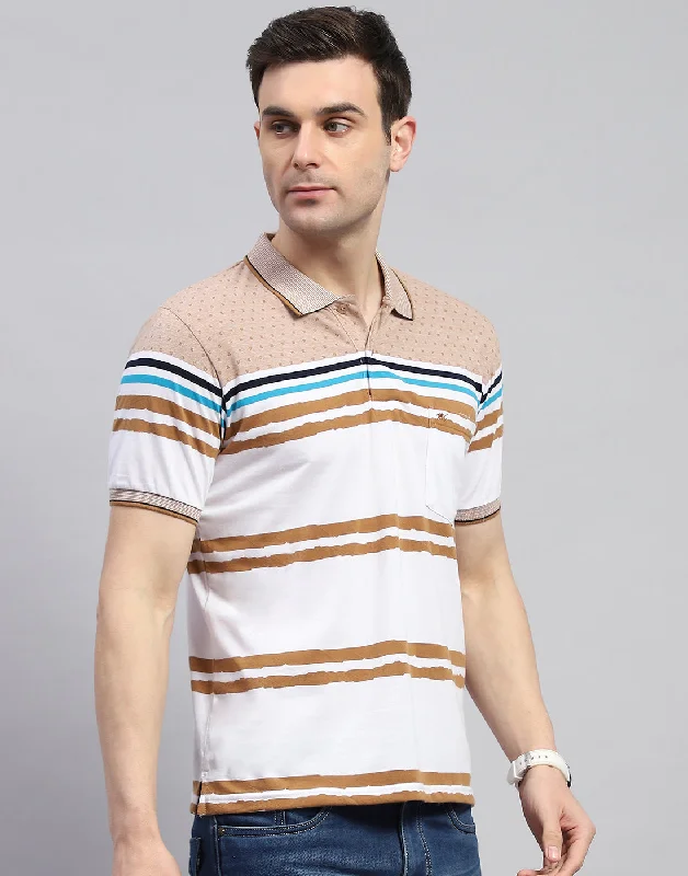 Men Peach Stripe Polo Collar Half Sleeve T-Shirt