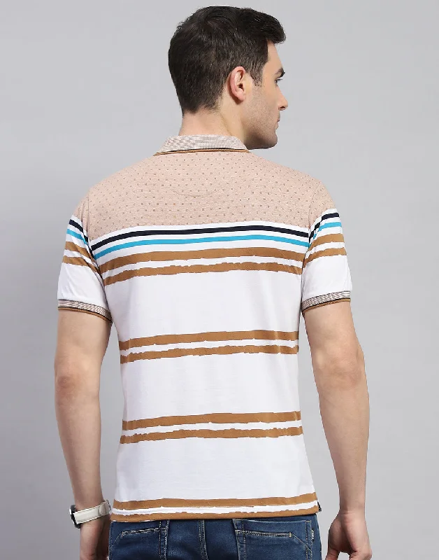 Men Peach Stripe Polo Collar Half Sleeve T-Shirt