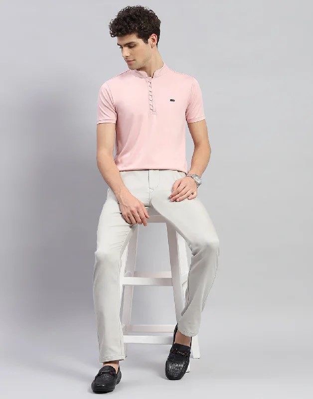 Men Pink Solid  Mandarin Neck Half Sleeve T-Shirt