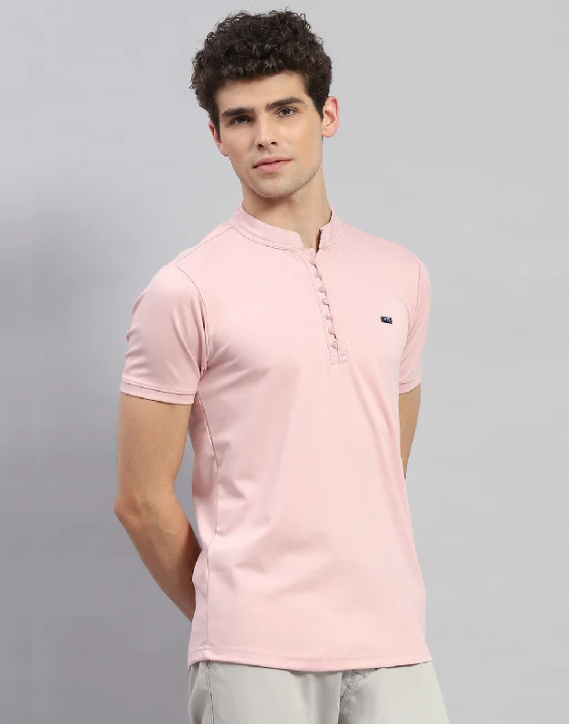 Men Pink Solid  Mandarin Neck Half Sleeve T-Shirt