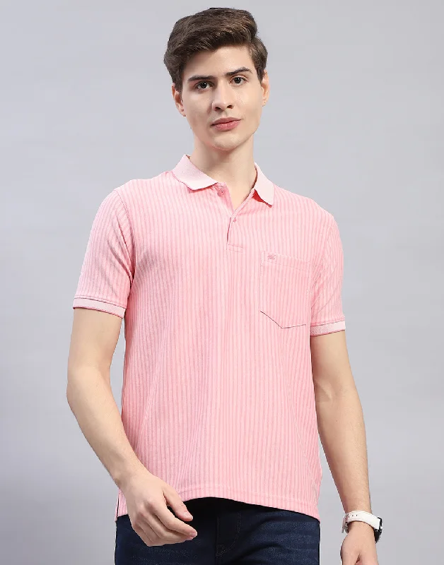 Men Pink Stripe Polo Collar Half Sleeve T-Shirt