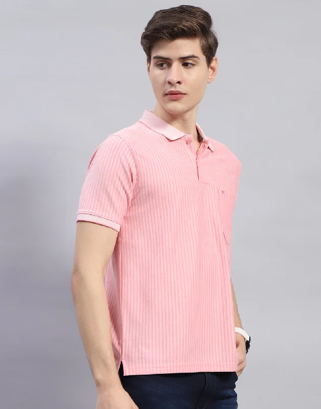 Men Pink Stripe Polo Collar Half Sleeve T-Shirt