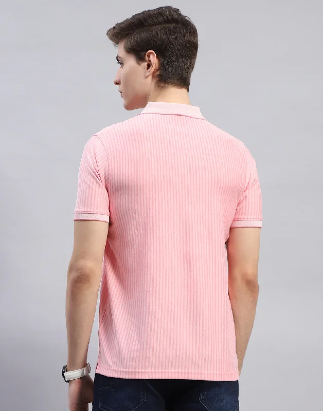 Men Pink Stripe Polo Collar Half Sleeve T-Shirt