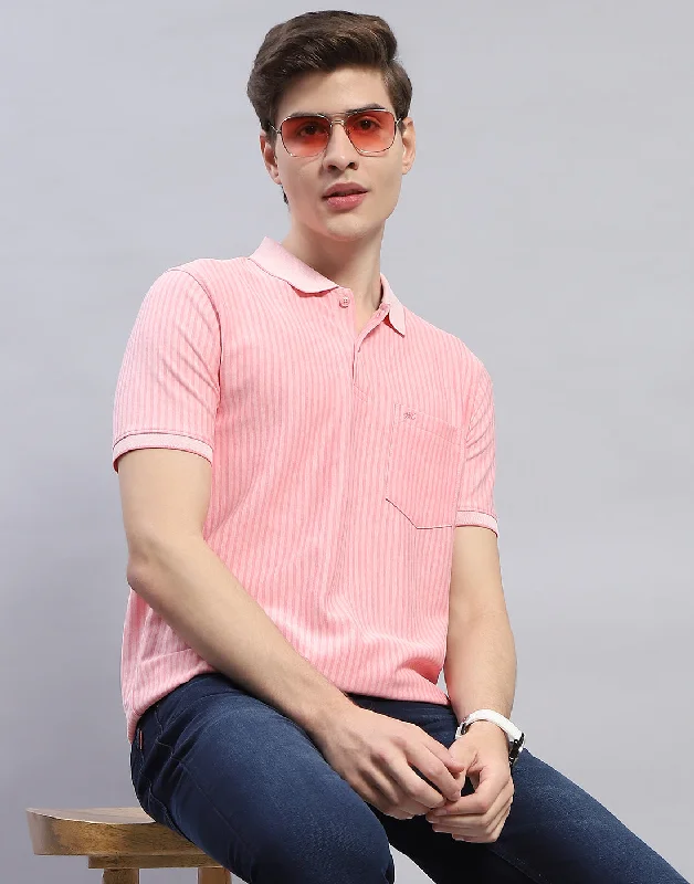 Men Pink Stripe Polo Collar Half Sleeve T-Shirt