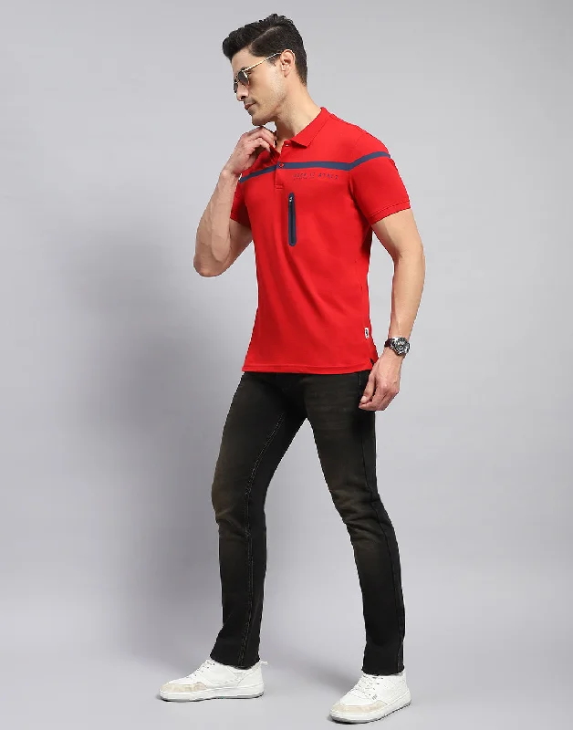 Men Red Solid Collar Half Sleeve T-Shirt